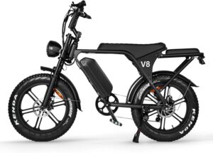 Hipatoo V8/V8 MAX Electric Bike for Adults, Long Seat Dirt Bike with 20" Fat Tire, E-Bike 2 Seater Max 31MPH, 15/30AH Battery, Moped Style Ebike for Snow, Mountains, Road, Dual Disc/Hydraulic Brakes